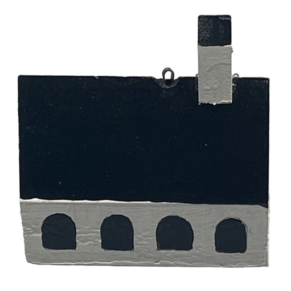 Handmade Christmas ornament wood church black and white 3" long 1 1/2" READ